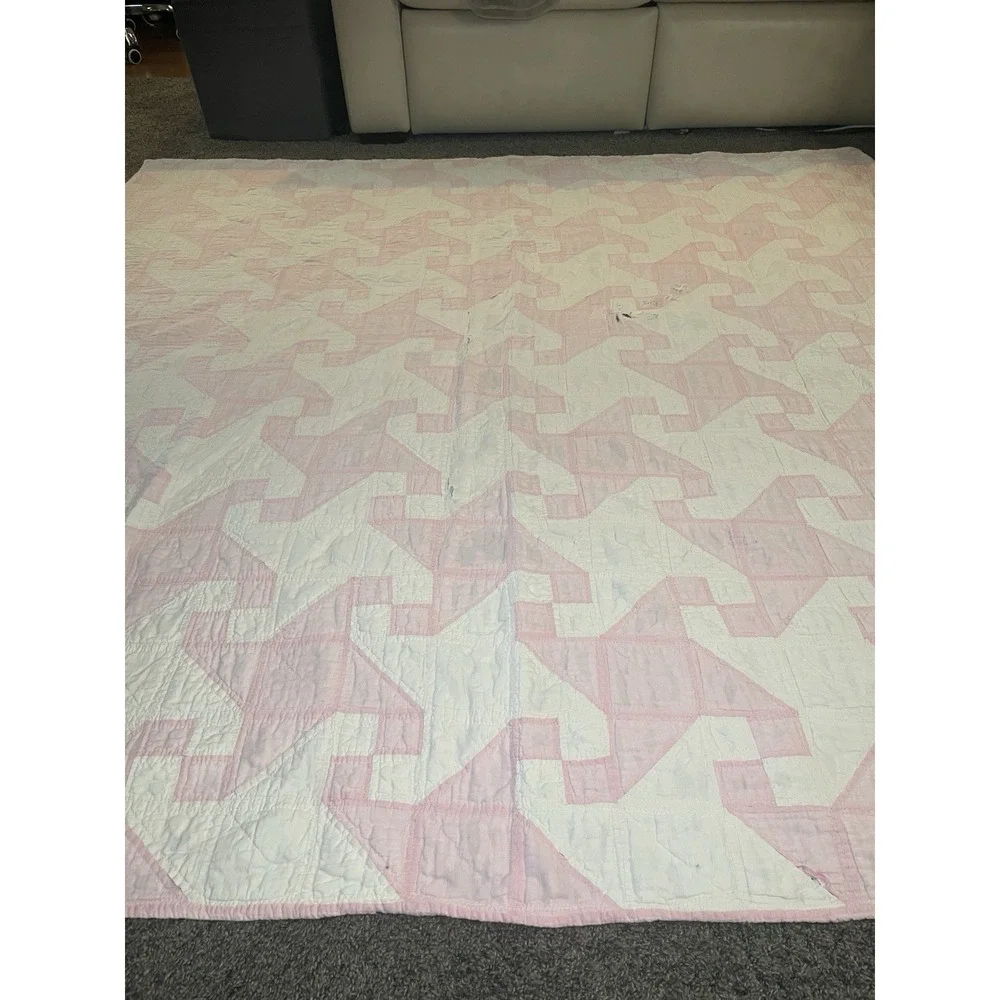 VTG ANTIQUE HANDMADE QUILT 69x69 Drunkard's Path Pink White Cottage 1920's Loved